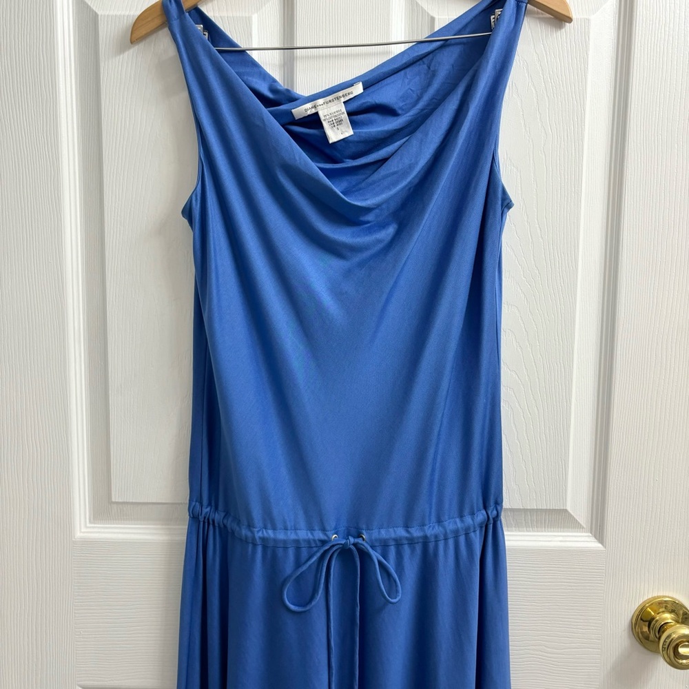 Diane von Furstenberg Silk Maxi Dress Size 6 Waist Tie Drape Neck Blue - Picture 2 of 8